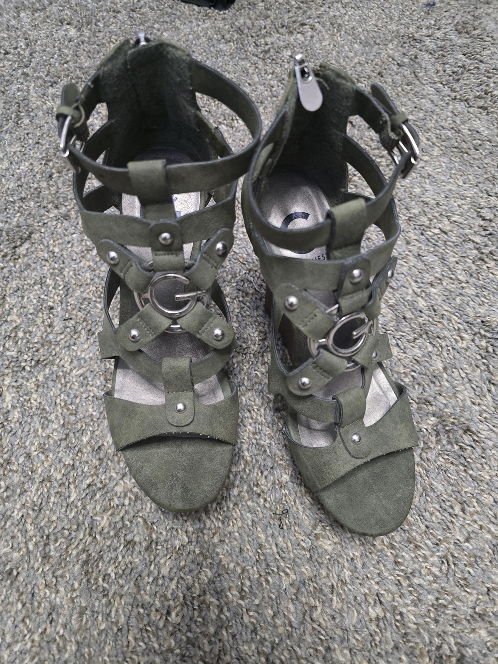 G by Guess Olive Green Suede Strappy Stud Wedge Sandals